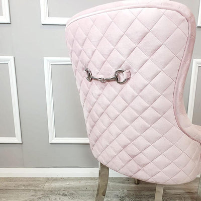 Kate Pink French Plush Velvet Quilted Back Dining Chair With Chrome Clasp-Esme Furnishings