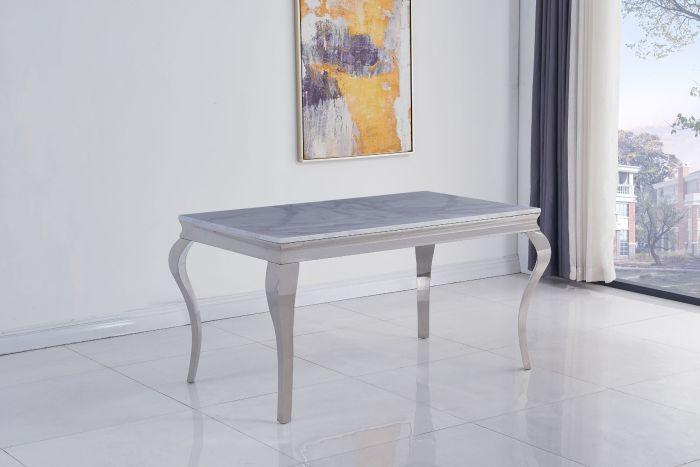 Louis 140cm White Marble Dining Table + Grey Lion Knocker Plush Velvet Chairs-Esme Furnishings