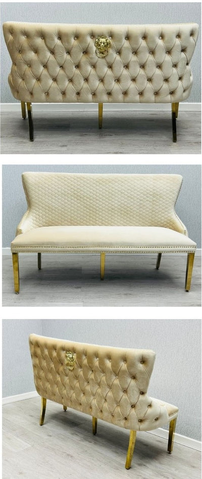 Valentino Gold Lion Knocker Quilted Tufted Cream Plush Velvet 160cm Dining Bench