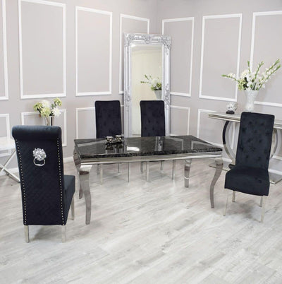 Louis 200cm Black Marble Dining Table + Lucy Black Lion Knocker Plush Velvet Chairs-Esme Furnishings