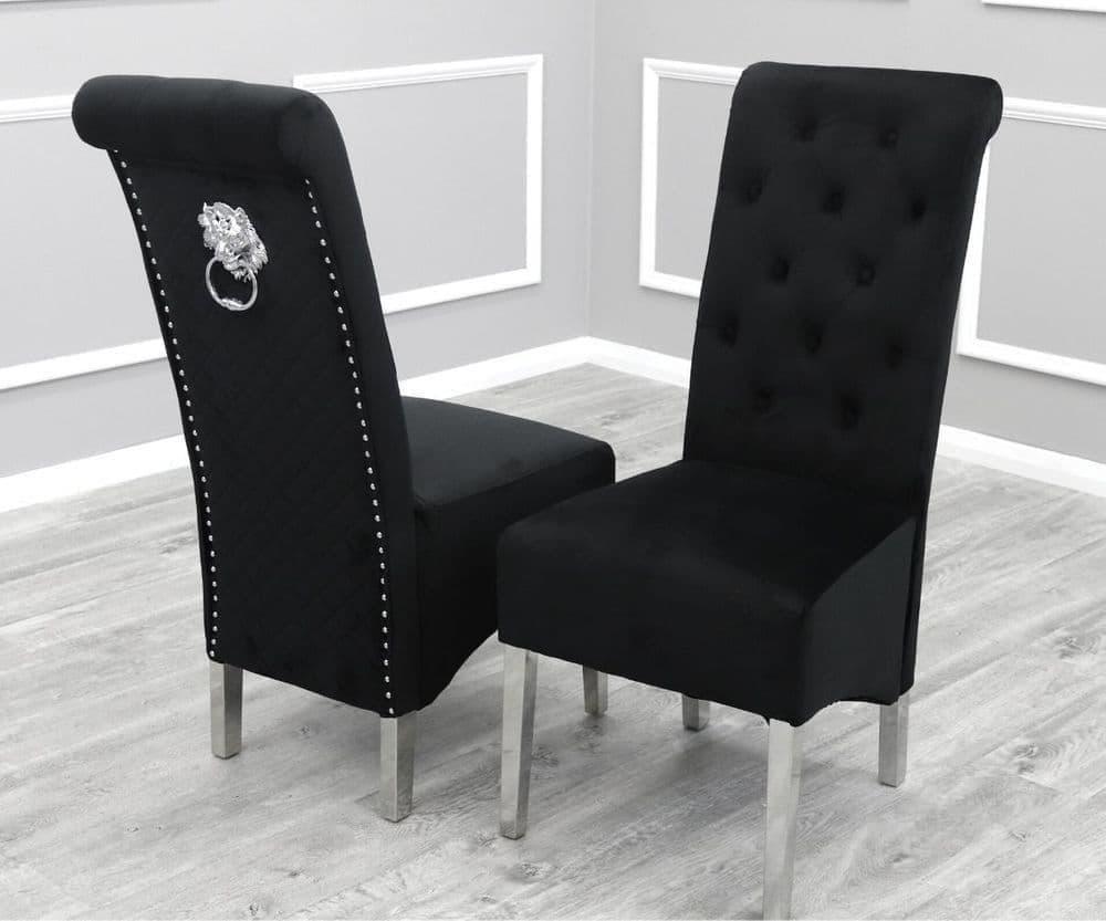 Louis 200cm Black Marble Dining Table + Lucy Black Lion Knocker Plush Velvet Chairs-Esme Furnishings