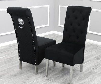 Louis 200cm Black Marble Dining Table + Lucy Black Lion Knocker Plush Velvet Chairs-Esme Furnishings