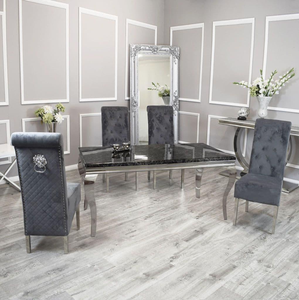 Louis 150cm Black Marble Dining Table + Lucy Grey Lion Knocker Plush Velvet Chairs-Esme Furnishings