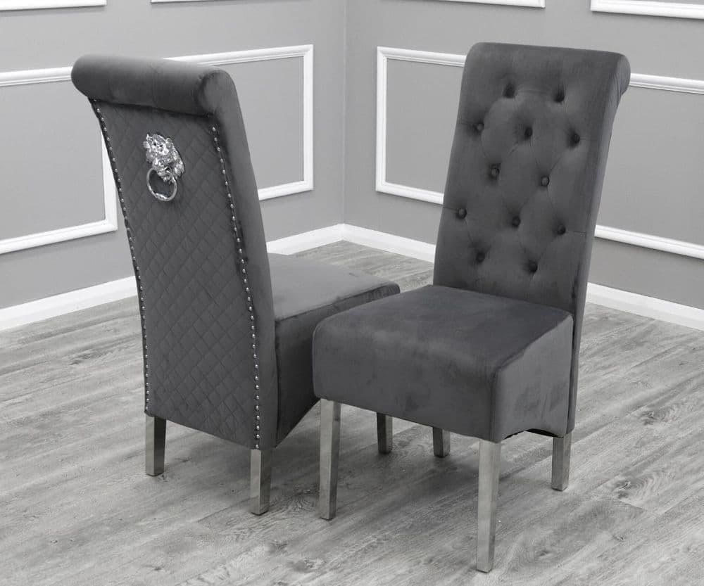 Louis 100cm Square White Marble Dining Table + Lucy Grey Lion Slim Knocker Plush Velvet Chairs-Esme Furnishings