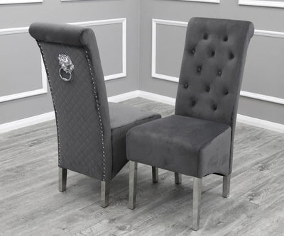 Louis 100cm Square White Marble Dining Table + Lucy Grey Lion Slim Knocker Plush Velvet Chairs-Esme Furnishings