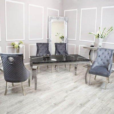 Louis 150cm Black Marble Dining Table + Grey Lion Knocker Plush Velvet Chairs-Esme Furnishings