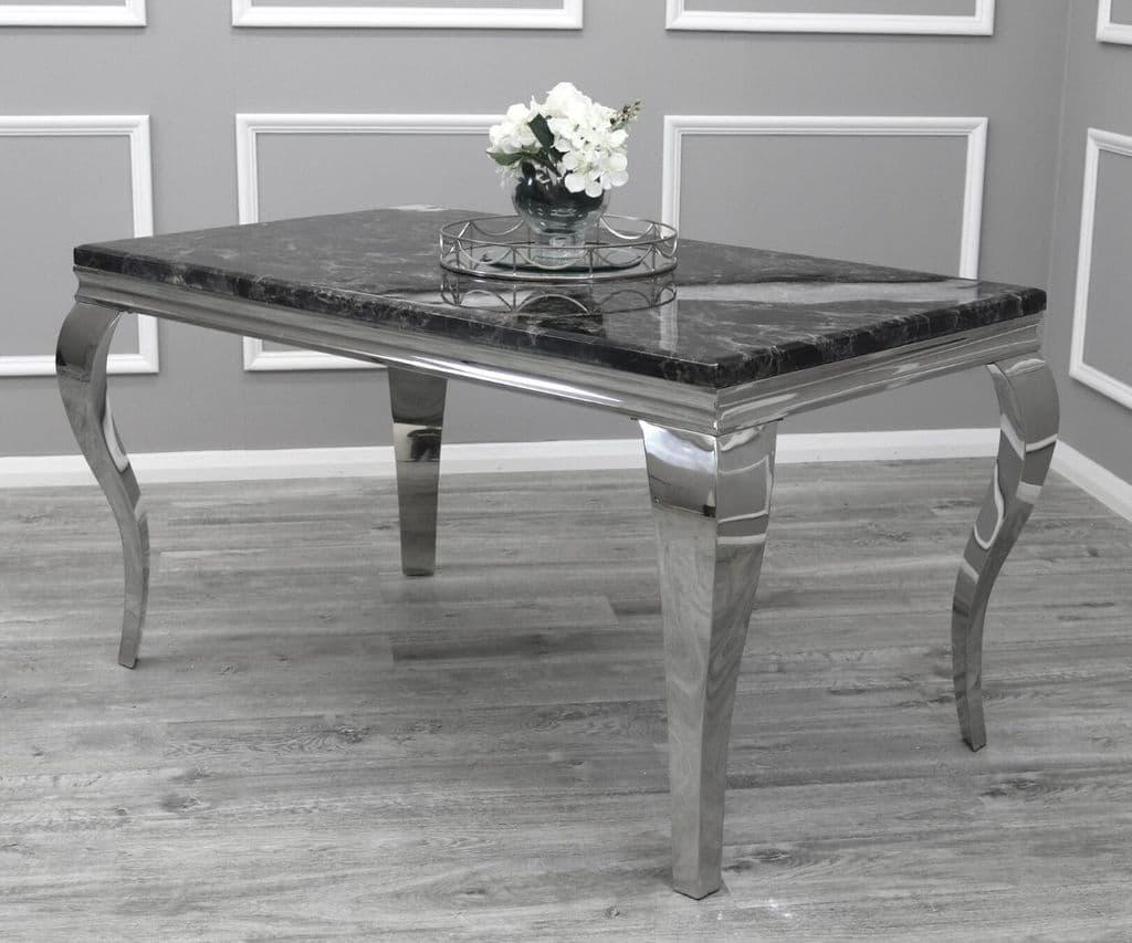 Louis 150cm Black Marble Dining Table + Lucy Grey Lion Knocker Plush Velvet Chairs-Esme Furnishings