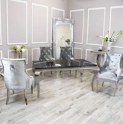 Louis 150cm Black Marble Dining Table + Belle Knocker Plush Velvet Chairs-Esme Furnishings