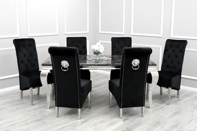 Louis 200cm Black Marble Dining Table + Lucy Black Lion Knocker Plush Velvet Chairs-Esme Furnishings