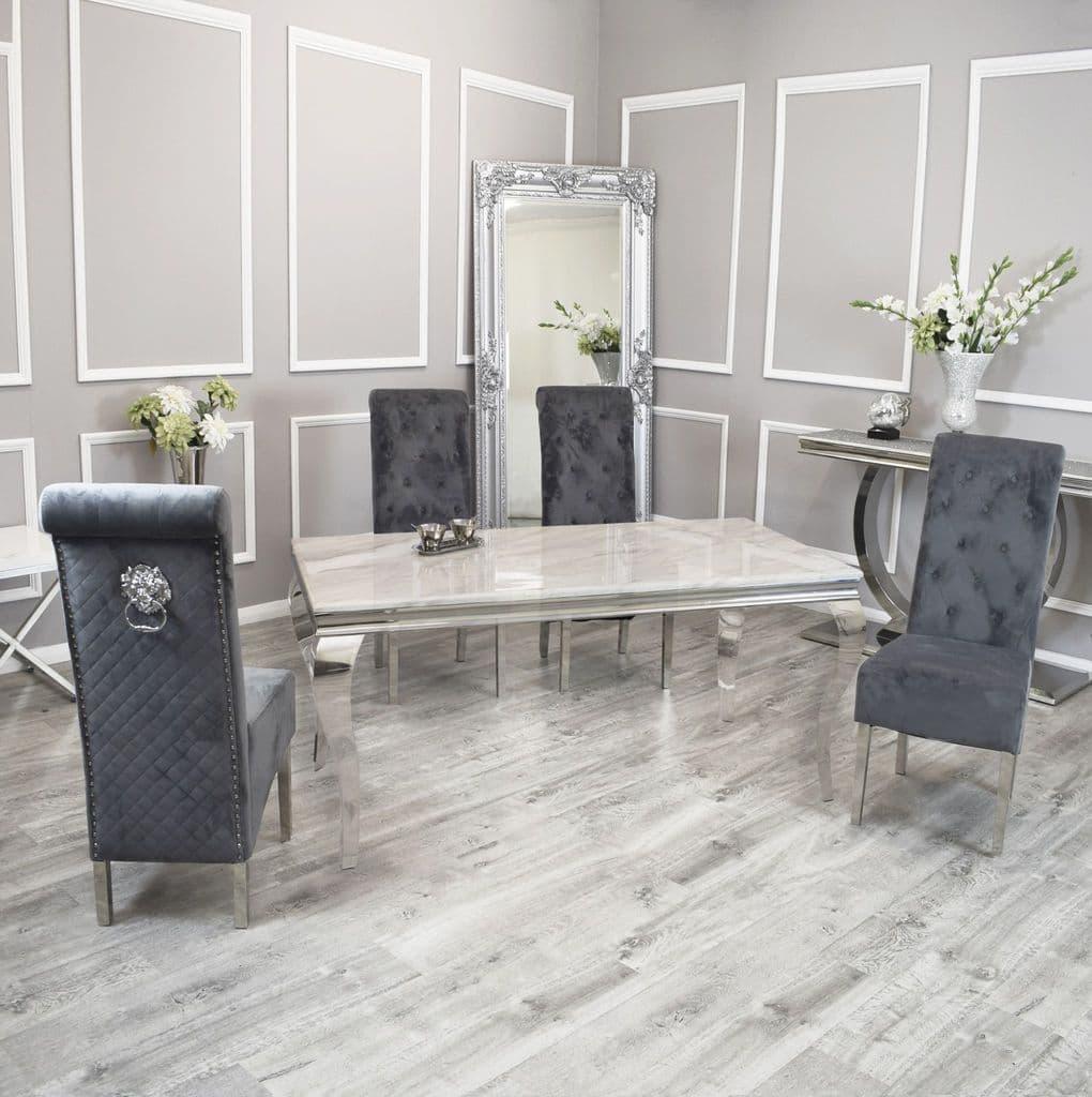 Louis 200cm Ivory Smoke Marble Dining Table + Lucy Grey Lion Slim Knocker Plush Velvet Chairs-Esme Furnishings