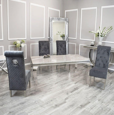 Louis 200cm Ivory Smoke Marble Dining Table + Lucy Grey Lion Slim Knocker Plush Velvet Chairs-Esme Furnishings
