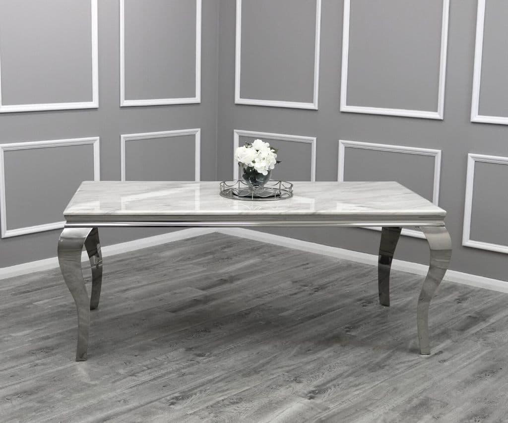 Louis 200cm Ivory Smoke Marble Dining Table + Lucy Grey Lion Slim Knocker Plush Velvet Chairs-Esme Furnishings