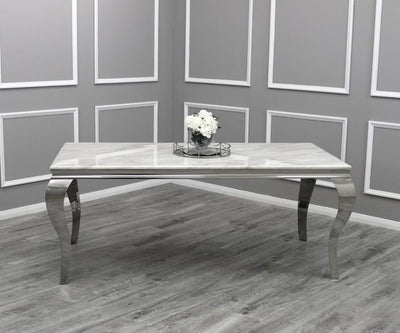 Louis 200cm Ivory Smoke Marble Dining Table + Lucy Grey Lion Slim Knocker Plush Velvet Chairs-Esme Furnishings