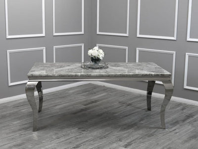 Louis 180cm Grey Marble Dining Table + Lucy Lion Slim Knocker Plush Velvet Chairs In 4 Colours-Esme Furnishings