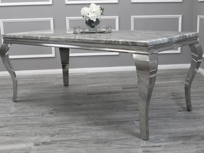 Louis 150cm Grey Marble Dining Table + Grey Lion Knocker Faux Leather Chairs-Esme Furnishings