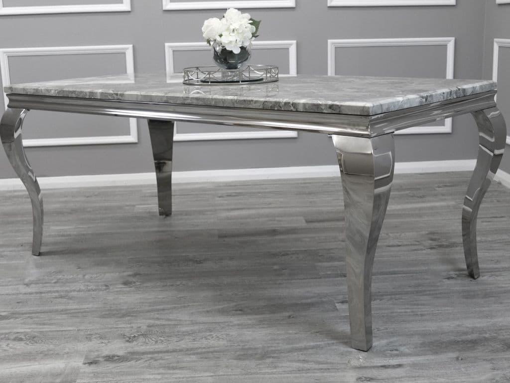 Louis 180cm Grey Marble Dining Table + Grey Chrome Ring Knocker Faux Leather Chairs-Esme Furnishings