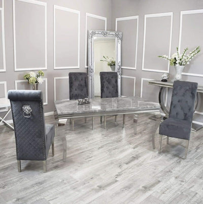 Louis 140cm White Marble Dining Table + Lucy Lion Slim Knocker Plush Velvet Chairs In 4 Colours-Esme Furnishings