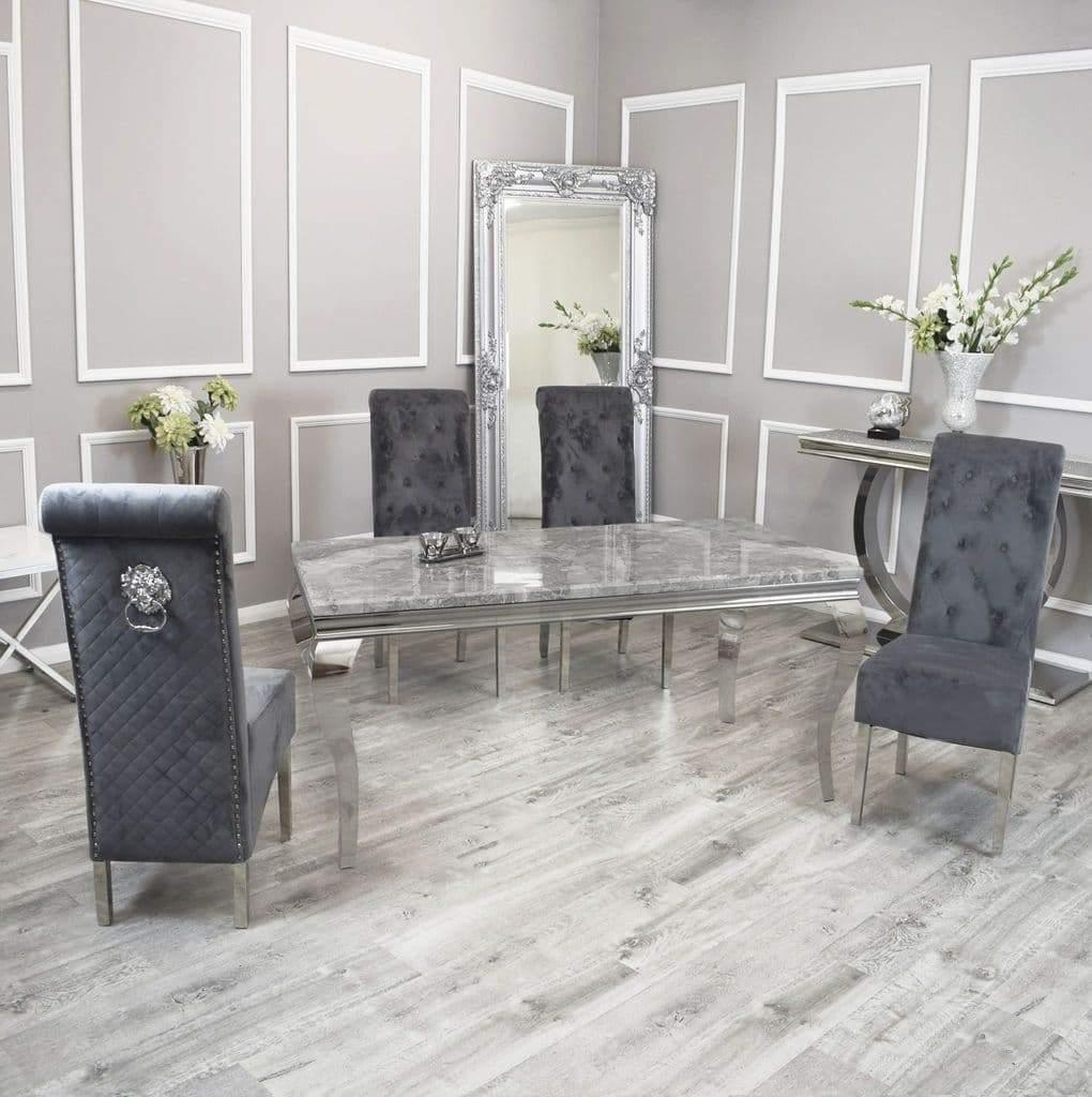 Louis 150cm Grey Marble Dining Table + Lucy Lion Slim Knocker Plush Velvet Chairs In 4 Colours-Esme Furnishings