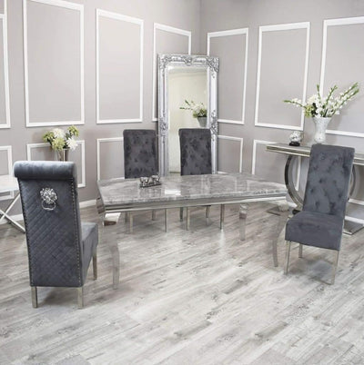 Louis 150cm Grey Marble Dining Table + Lucy Lion Slim Knocker Plush Velvet Chairs In 4 Colours-Esme Furnishings