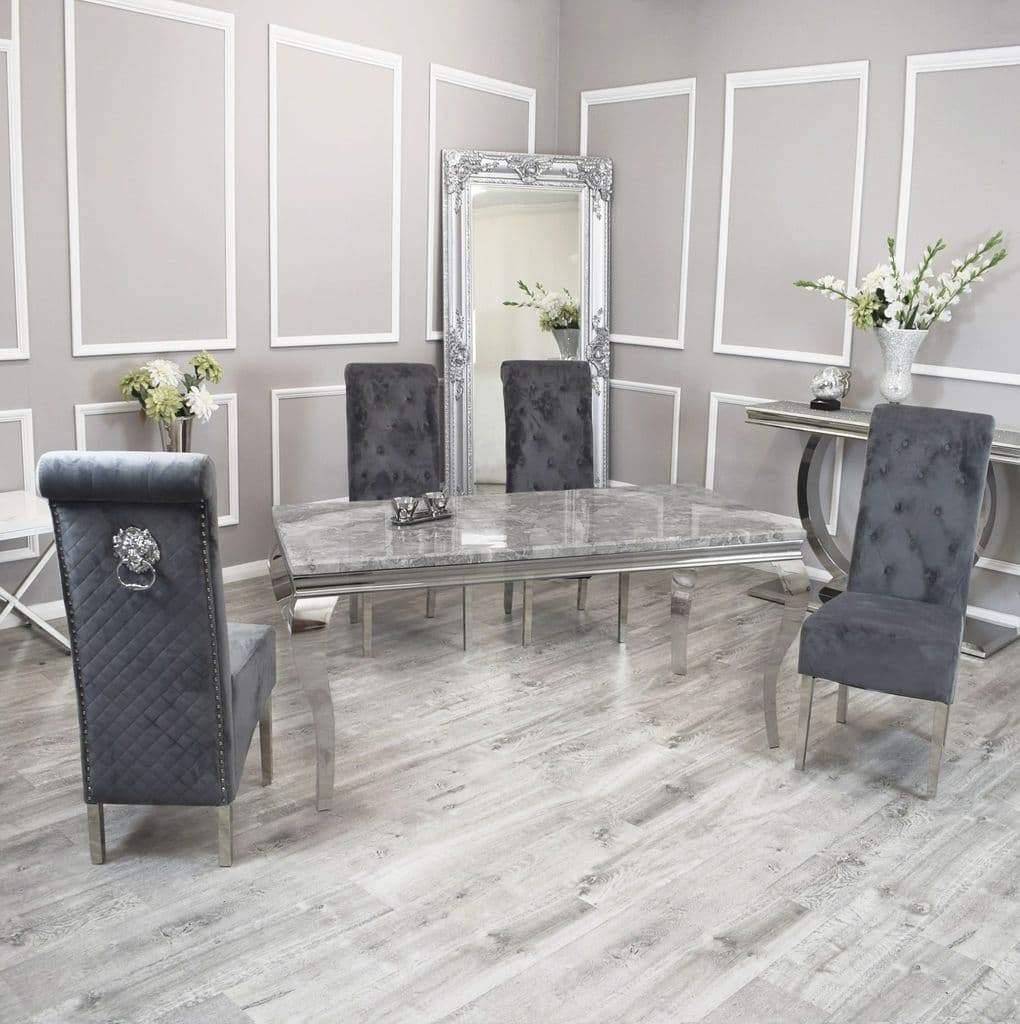 Louis 140cm Grey Marble Dining Table + Lucy Lion Slim Knocker Plush Velvet Chairs In 4 Colours-Esme Furnishings