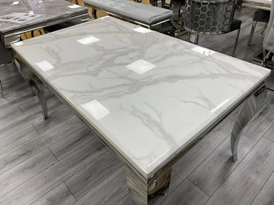 Louis 160cm White Marble Dining Table + 4 Silver Velvet Chairs + 130cm Bench