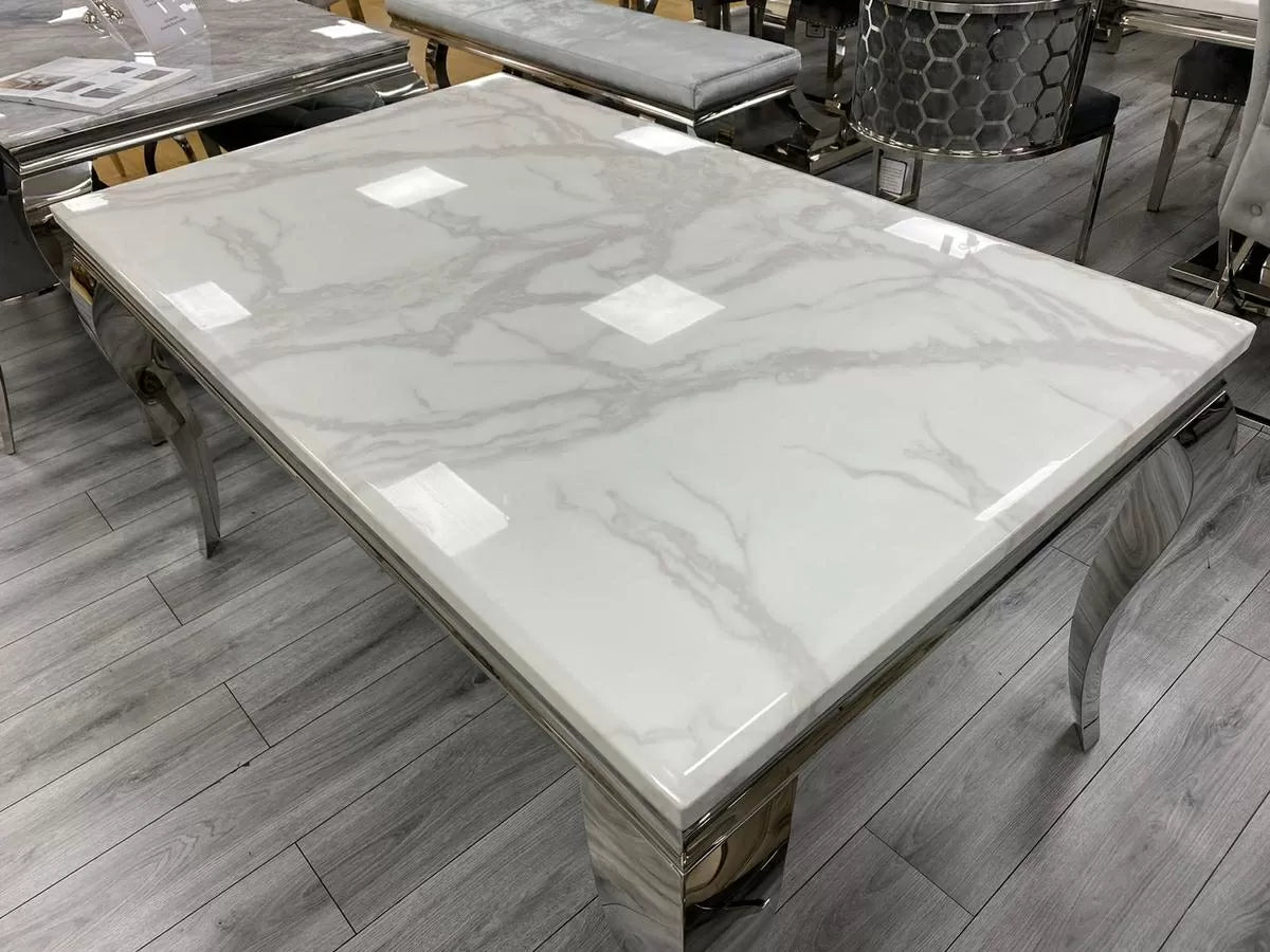 Louis 150cm White Marble Dining Table + Valentino Lion Knocker Velvet Chairs-Esme Furnishings