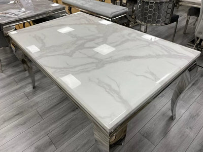 Louis 150cm White Marble Dining Table + Valentino Lion Knocker Velvet Chairs-Esme Furnishings