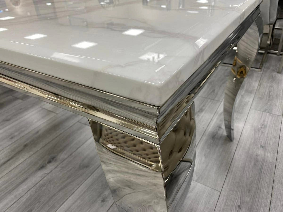 Louis 140cm White Marble Dining Table + Grey Lion Knocker Plush Velvet Chairs-Esme Furnishings