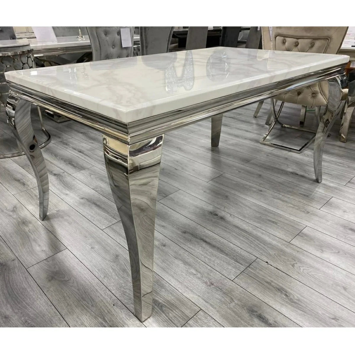Louis 150cm White Marble Dining Table + 4 Grey Ring Knocker Chairs + 110cm Bench