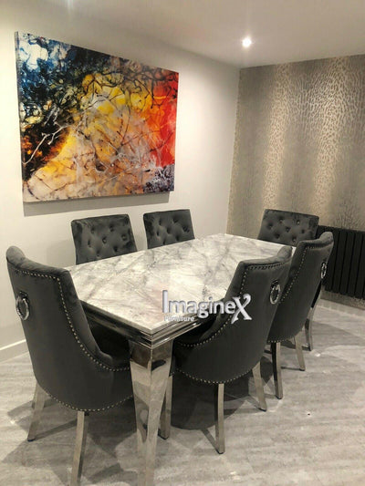 Louis 150cm Grey Marble Dining Table + Knightsbridge Dark Grey Knocker Plush Velvet Chairs-Esme Furnishings
