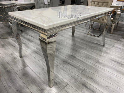 Louis 150cm White Marble Dining Table + 4 Grey Lion Knocker Quilted Back Chairs + 110cm Bench-Esme Furnishings