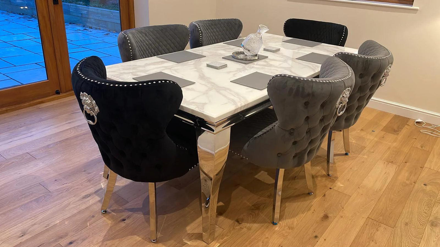Louis 200cm Grey Marble Dining Table + Valentino Lion Knocker Velvet Chairs-Esme Furnishings
