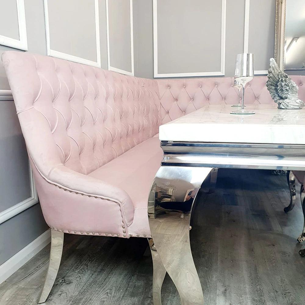 Louis 200cm White Marble Dining Table + 4 Pink Sandy Button Back Chairs + 170cm Pink Louis Corner Bench-Esme Furnishings