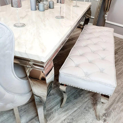Louis White 180cm Marble Dining Table + Button Back Chairs, 140cm Bench-Esme Furnishings