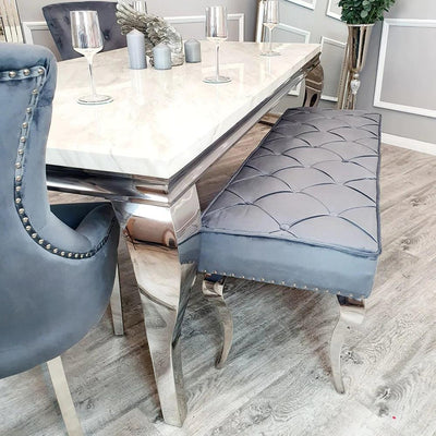 Louis White 180cm Marble Dining Table + Button Back Chairs, 140cm Bench-Esme Furnishings