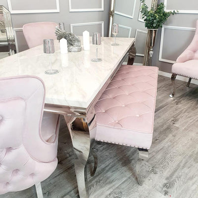 Louis White 180cm Marble Dining Table + Button Back Chairs, 140cm Bench-Esme Furnishings