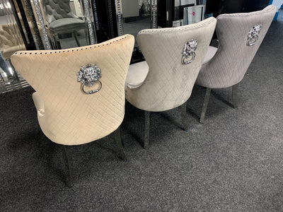 Louis 200cm Grey Marble Dining Table + Mayfair Lion Knocker Plush Velvet Chairs-Esme Furnishings