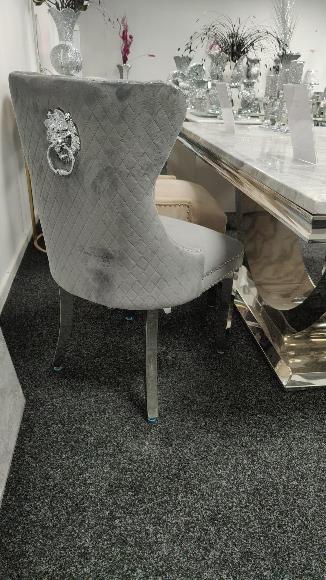 Louis 200cm Grey Marble Dining Table + Mayfair Lion Knocker Plush Velvet Chairs-Esme Furnishings
