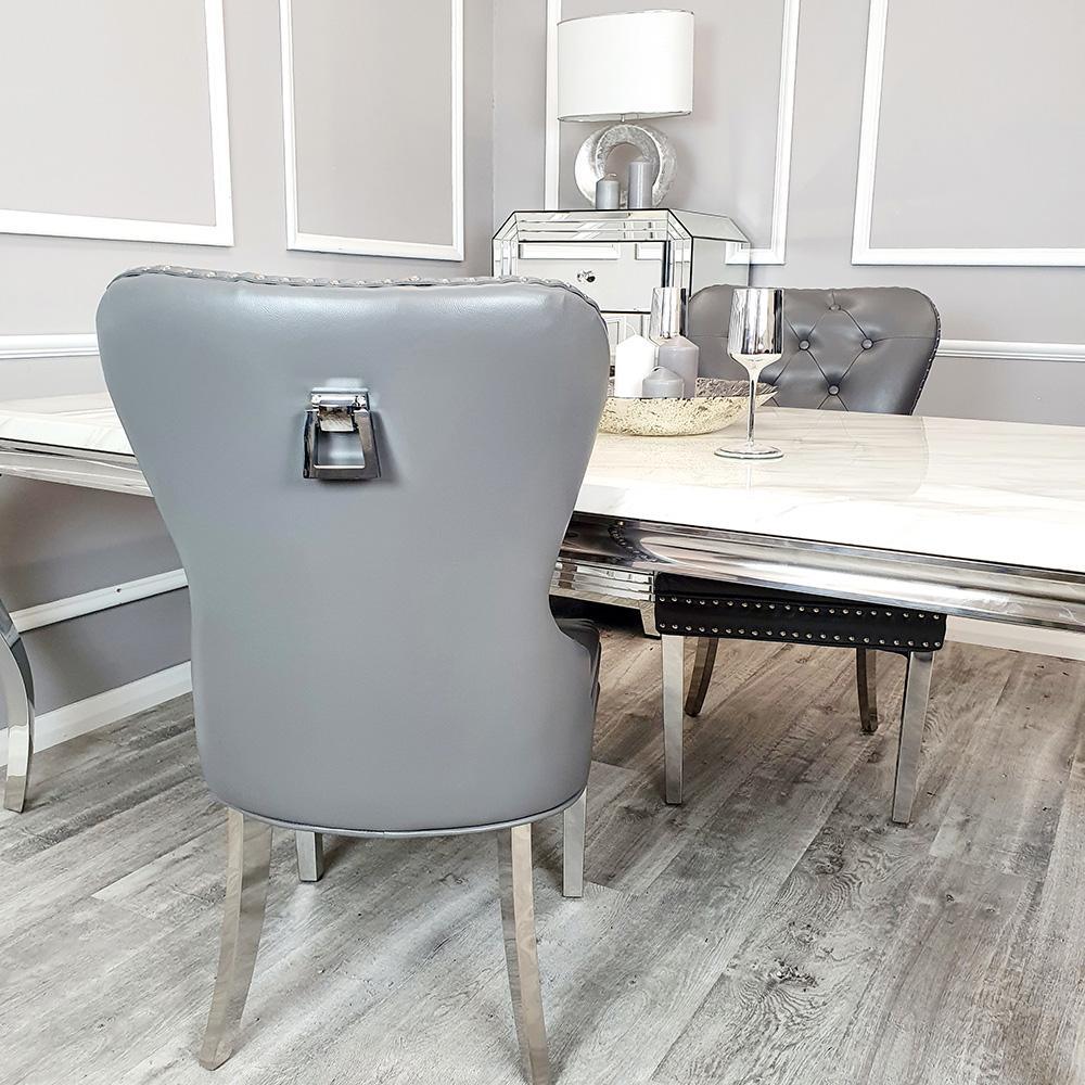Mayfair Light Grey PU Leather Square Chrome Knocker Dining Chair-Esme Furnishings