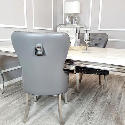 Mayfair Light Grey PU Leather Square Chrome Knocker Dining Chair-Esme Furnishings
