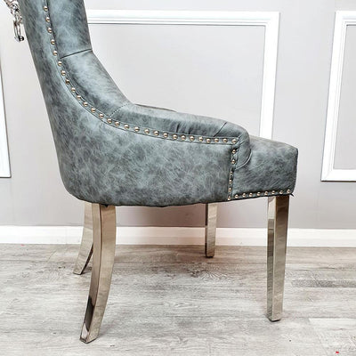 Megan Dark Grey PU Dining Chair Faux Leather Lion Knocker Chrome-Esme Furnishings