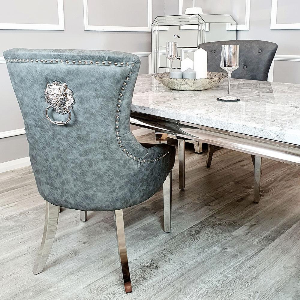 Louis 180cm White Marble Dining Table + 4 Dark Grey Lion PU Leather Knocker Chairs + 130cm PU Leather Bench-Esme Furnishings
