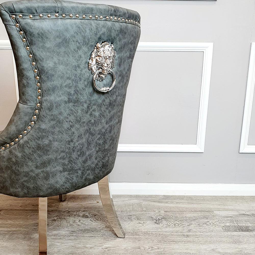 Megan Dark Grey PU Dining Chair Faux Leather Lion Knocker Chrome-Esme Furnishings