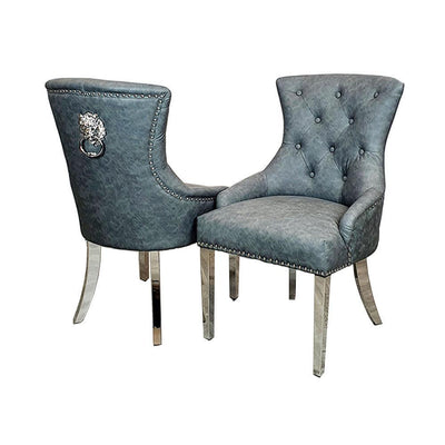 Megan Dark Grey PU Dining Chair Faux Leather Lion Knocker Chrome-Esme Furnishings