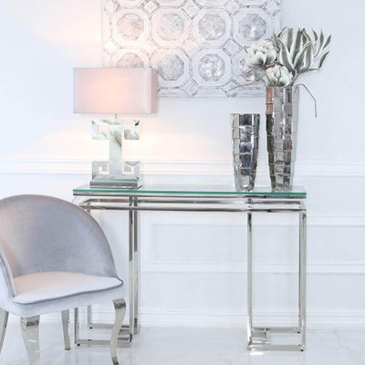 Mirado Chrome Glass & Stainless Steel Console Hall Table-Esme Furnishings