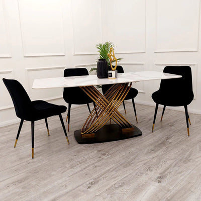 Orion Gold 180cm Dining Table with Polar White Ceramic Marble Top + Luna Plush Velvet Dining Chairs