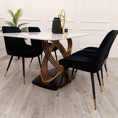 Orion Gold 180cm Dining Table with Polar White Ceramic Marble Top + Luna Plush Velvet Dining Chairs