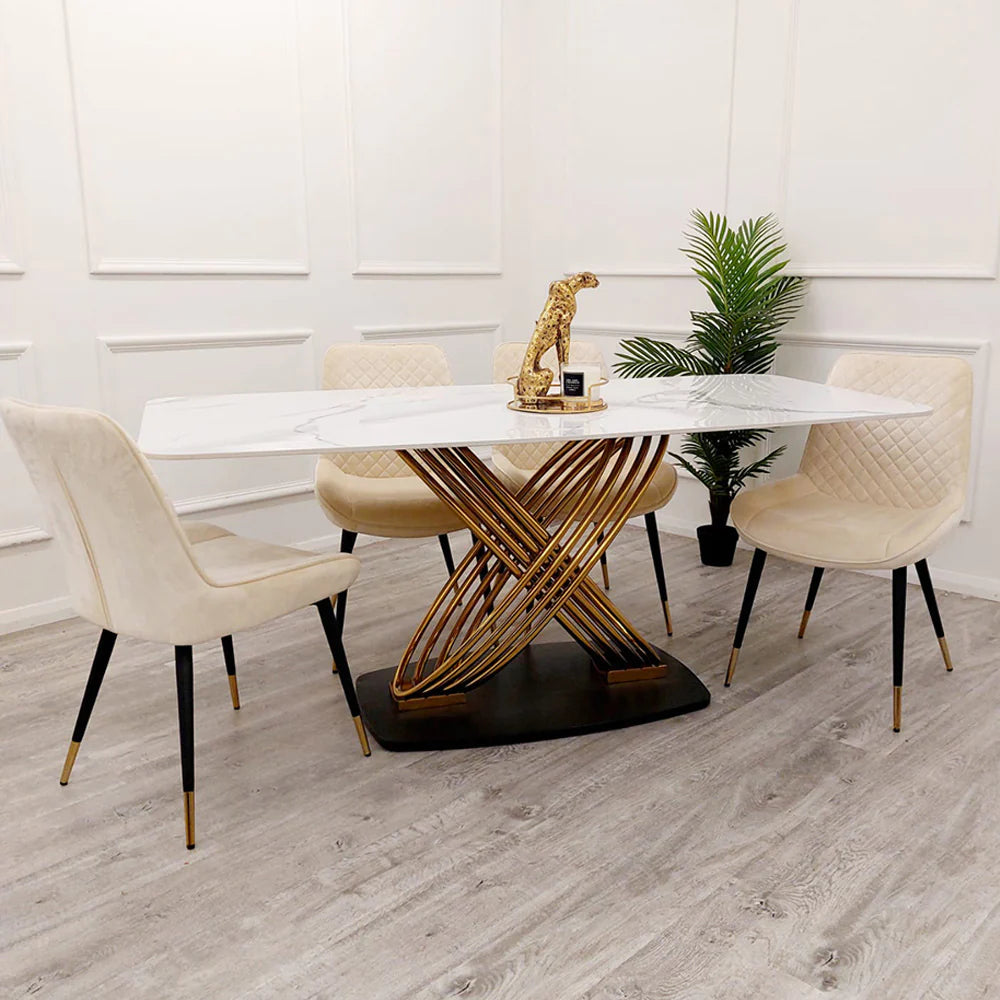 Orion Gold 180cm Dining Table with Polar White Ceramic Marble Top + Luna Plush Velvet Dining Chairs