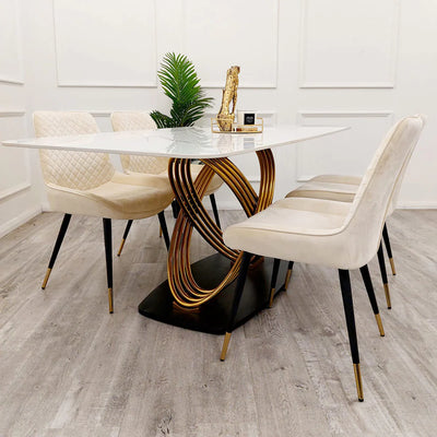 Orion Gold 180cm Dining Table with Polar White Ceramic Marble Top + Luna Plush Velvet Dining Chairs