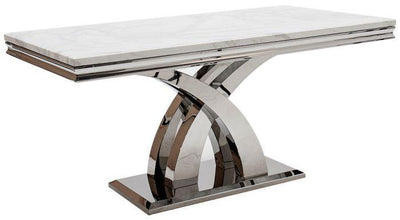 Ottavia 180cm White Marble Dining Table + Grey Chrome Ring Knocker Faux Leather Chairs-Esme Furnishings